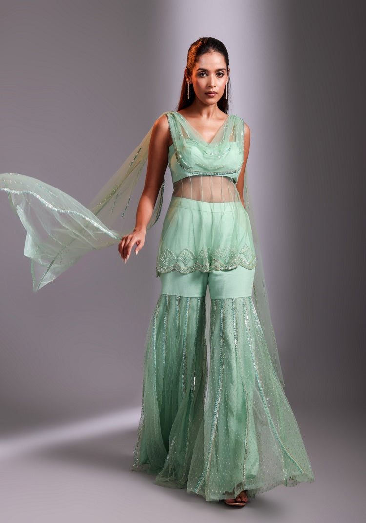 Coral drape peplum set